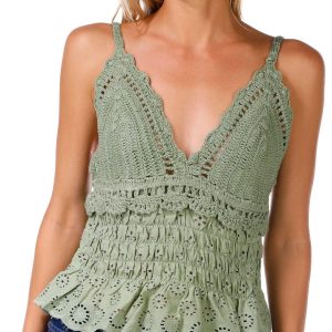 Rebellion Juniors Sleeveless Crochet Smocked Eyelet Top