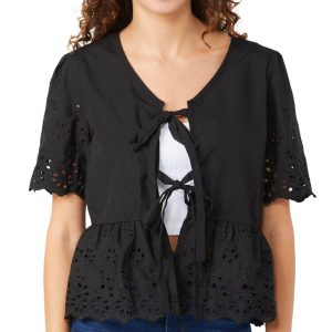 Jolie & Joy Juniors Short Eyelet Sleeve Tie Front Top