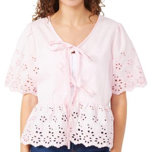 Jolie & Joy Juniors Short Eyelet Sleeve Tie Front Top