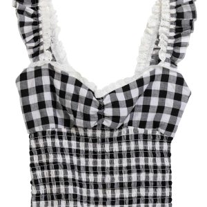 Jolie & Joy Juniors Smocked Gingham Lace Sleeveless Top