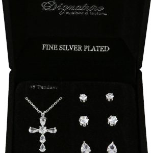 Signature CZ Cross Necklace & 3-Pc. Earrings Set