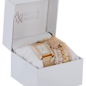 American Exchange Womens Gold Mesh Boxed Watch Set