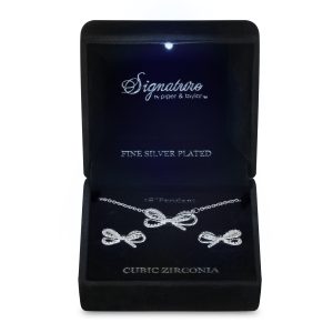 Signature Boxed CZ Bow Necklace and Bow Stud Earring Set