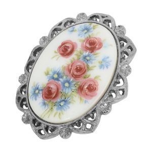 1928 Jewelry Oval Glass Stone With Flowers Brooch
