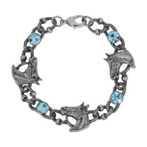 1928 Jewelry Silver Tone Horse Blue Glass Bracelet