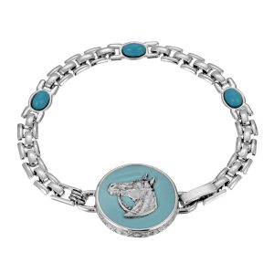 Silver Tone Turquoise Enamel Horse Head Bracelet