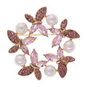 1928 Jewelry Crystal Faux Pearl Round Butterfly Pin