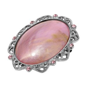1928 Jewelry Silver Tone Pink Oval Stone Brooch