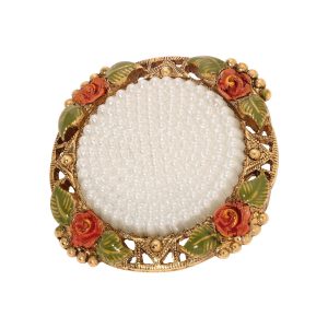 1928 Jewelry Faux Pearl Red Rose Round Brooch
