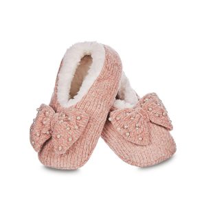 Womens Precious Pearl Chenille Bow Sherpa Lined Slippers