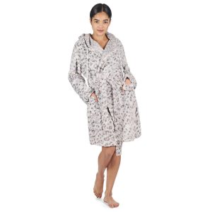 Me Moi Womens Leopard Plush Robe With Drawstring Pom Poms