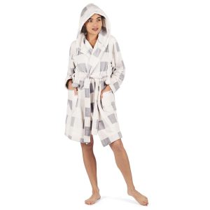 Me Moi Womens Hooded Plaid Plush Robe & Pom Pom Drawstrings