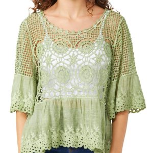 Rebellion Juniors Washed Crochet Short Sleeve Top