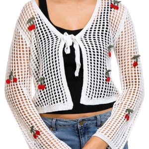 No Comment Juniors Crochet Cherry Tie Front Cardigan