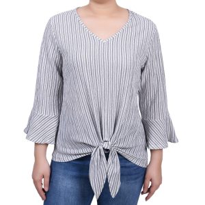 NY Collection Petite 3/4 Bell Sleeve Textured Knit Top