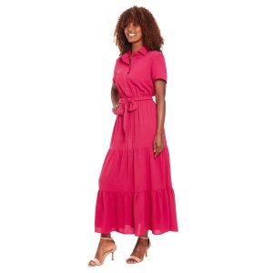London Times Womens Tiered Short Sleeve Maxi Shirt Dress