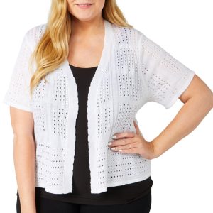 Nina Leonard Plus Solid Open Knit Short Sleeve Shrug