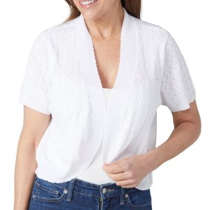 Nina Leonard Womens Solid Open Knit Short Sleeve Bolero
