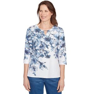 Alfred Dunner Petite Floral Yoke Border Knit 3/4 Sleeve Top