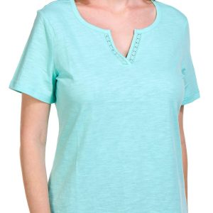 Coral Bay Petite Solid Crochet Split Neck Short Sleeve Top