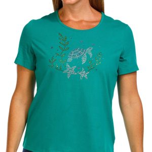 Coral Bay Petite Short Sleeve Rhinestone Sea Turtle Top