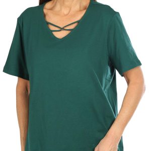 Coral Bay Petite Criss Cross Ring Neck Short Sleeve Top