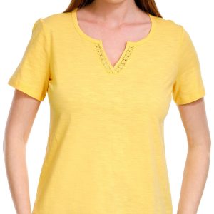 Coral Bay Petite Solid Split Neckline Short Sleeve Top