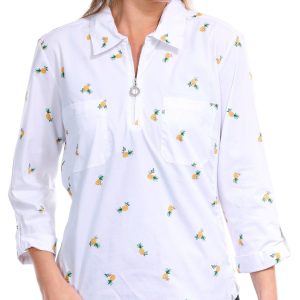 Coral Bay Petite Printed Zip Front 3/4 Sleeve Top