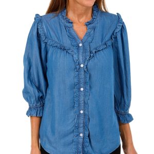 Stella + Ginger Petite 3/4 Ruffle Sleeve Button Down Top