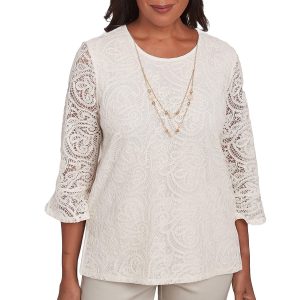 Alfred Dunner Petite 3/4 Woven Lace Necklace Top