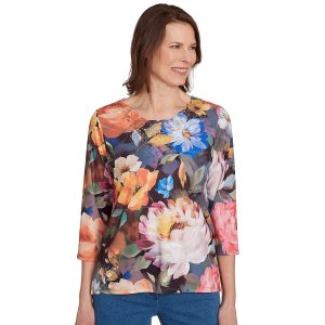 Alfred Dunner Petite Dramatic Floral Lace 3/4 Sleeve Top