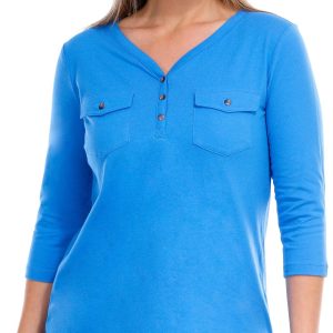 Coral Bay Petite Solid 3/4 Sleeve Henley Top