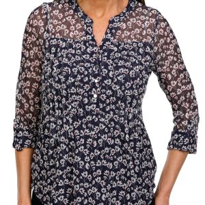 Juniper + Lime Petite Print Pleated Henley 3/4 Sleeve Top