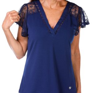 Adrienne Vittadini Womens Short Sleeve Solid Lace Top