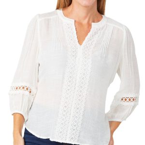 Zac & Rachel Womens 3/4 Sleeve Crochet Slub Top