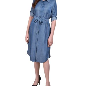 NY Collection Petite Roll Tab Sleeve Denim Dress
