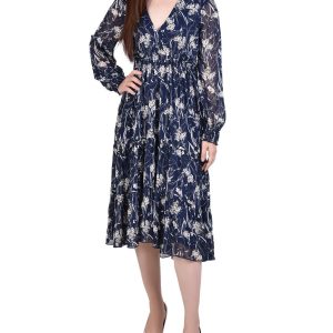 NY Collection Petite Long Sleeve Clip Dot Chiffon Dress