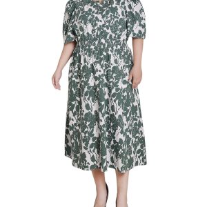 Plus Puff Sleeve Floral Poplin Dress