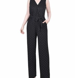 NY Collection Womens Petite Sleeveless Belted Jumpsuit
