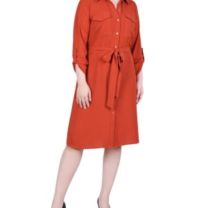 NY Collection Petite Long Roll Tab Sleeve Shirtdress