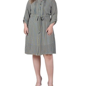 NY Collection Plus Long Roll Tab Sleeve Dobby Dress
