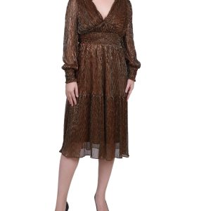 NY Collection Petite Long Sleeve Plisse Mesh Dress