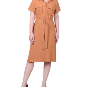 NY Collection Petite Short Sleeve Belted Shirtdress