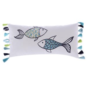 Embroidered Fish with Tassels Coastal Decorative Pillow