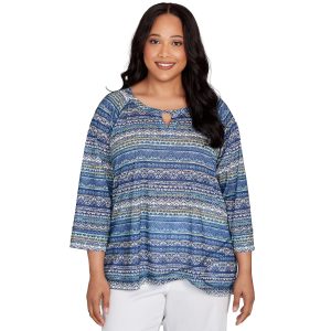 Hearts of Palm Plus Pattern Tulip Hem Slub 3/4 Sleeve Top