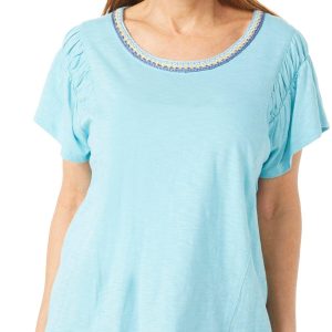 Democracy Womens Short Flutter Sleeve Crochet Neck Top