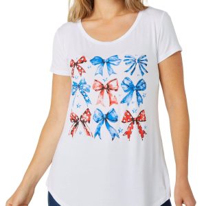Scarlett Womens Short Sleeve Patriotic Bows Print Top