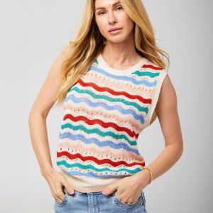 Womens Wavy Print Crochet Sleeveless Tank Top