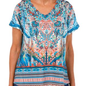 One World Women's Short Sleeve Boho Floral Top