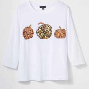 Womens Embellished 3/4 Sleeve Pumpkin Animal Print Top